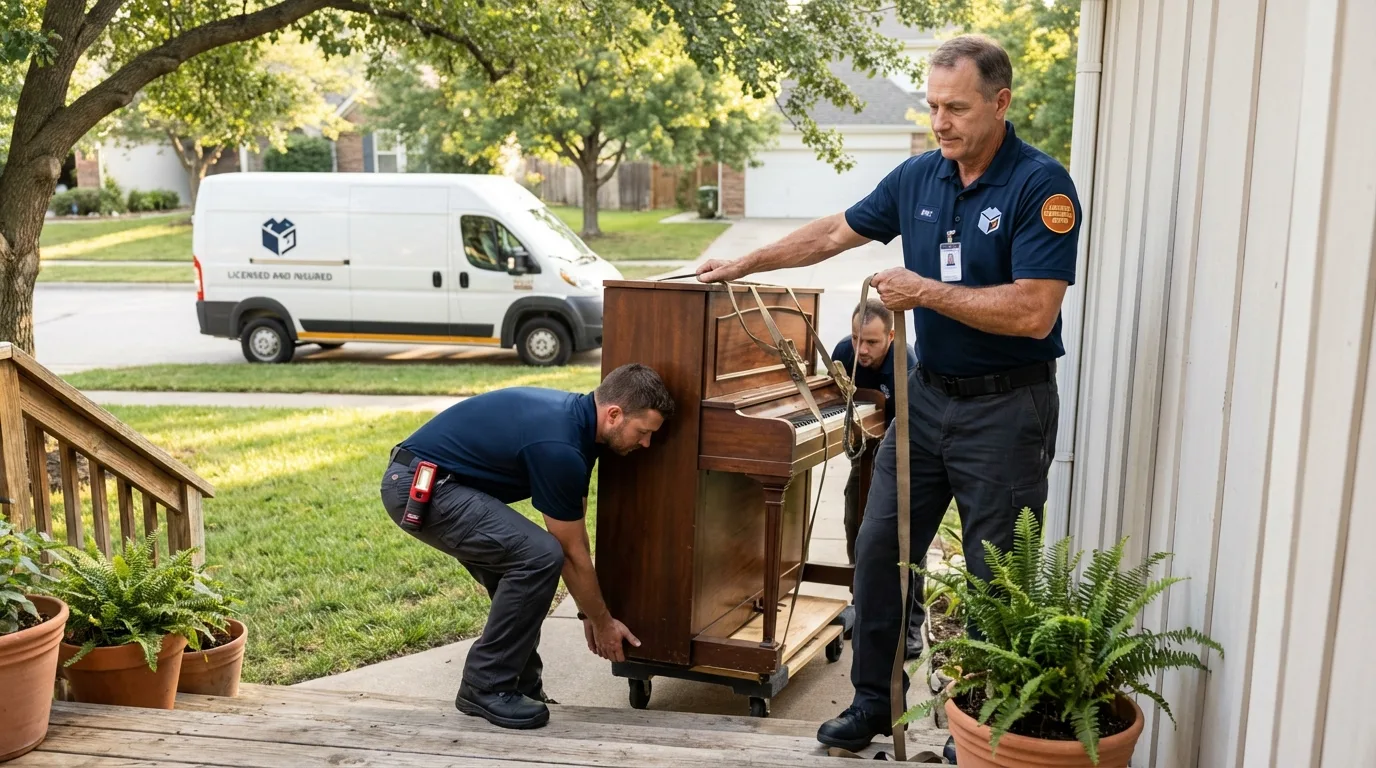 Licensed piano movers securing grand piano in Gregory, SD
