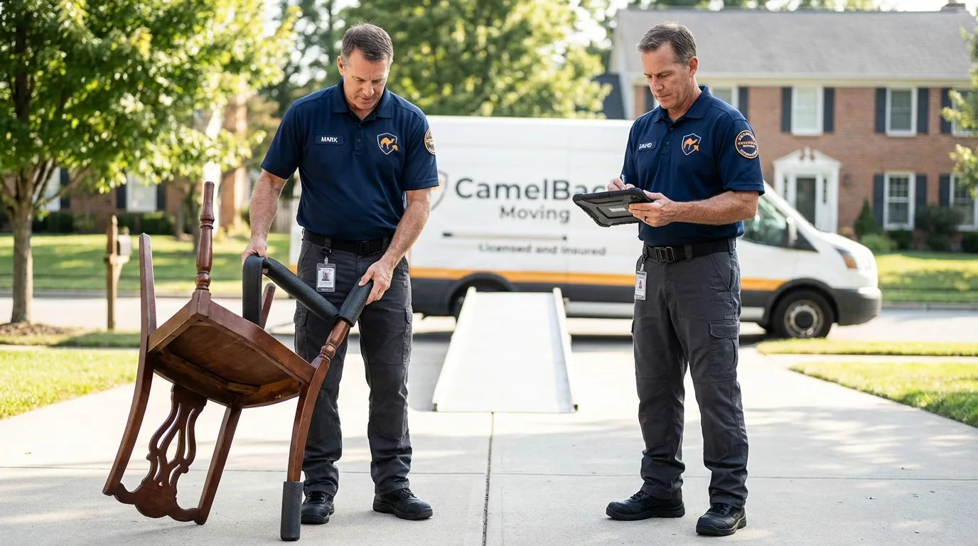 Movers inspecting furniture for damage prevention before loading in Gregory, SD