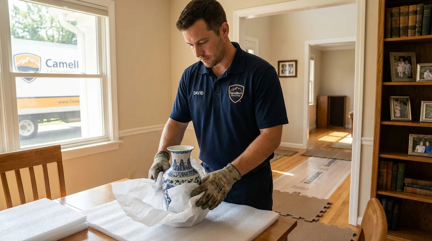 Professional crew carefully wrapping antique vase for senior downsizing move in Gregory, SD